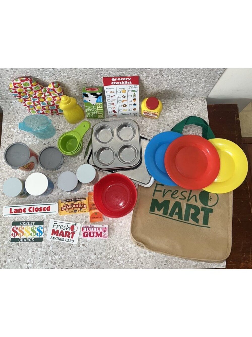 Melissa & Doug Play Food Kitchen Accessories Grocery Bag 30 Pcs Wooden & Plastic